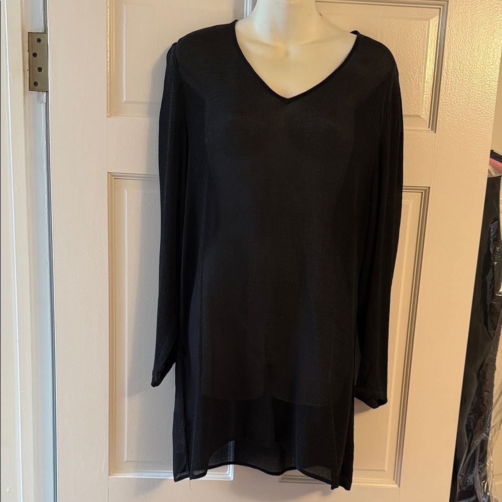 Eileen Fisher Sheer Black V-Neck Tunic 💯 Silk